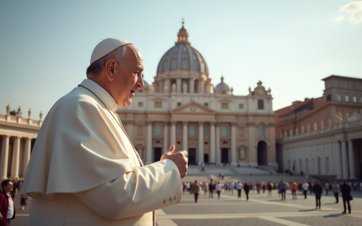 Pope standing in front of St. Peter’s Basilica at the Vatican, addressing the public.