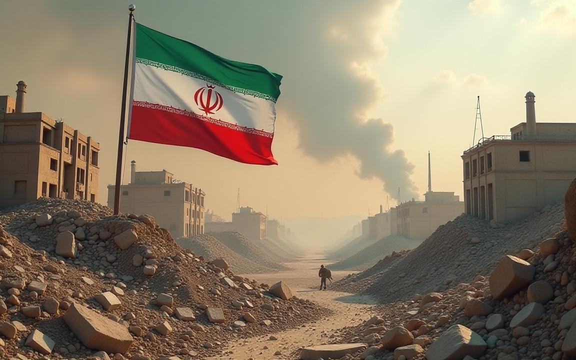 Iranian flag flying over a war-torn cityscape with rubble and smoke in the background