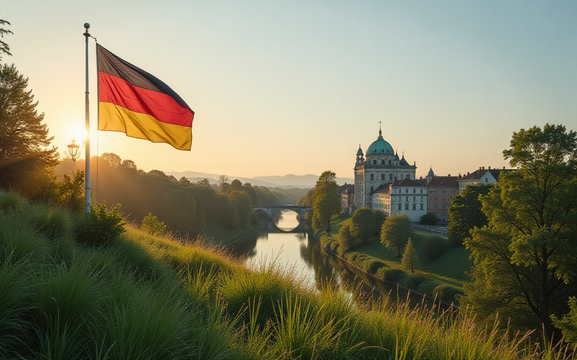 German flag at sunrise with scenic town and river in the background, representing economic hope and recovery.