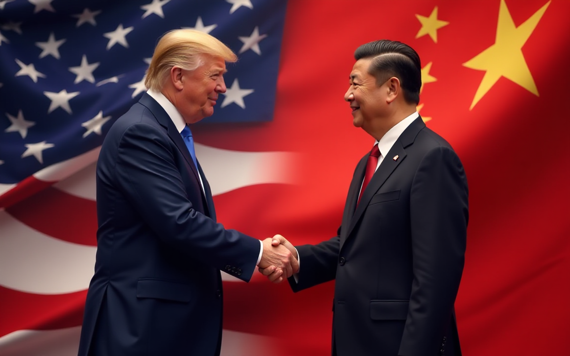 Donald Trump and Xi Jinping shake hands in front of US and China flags during 2025 trade deal talks