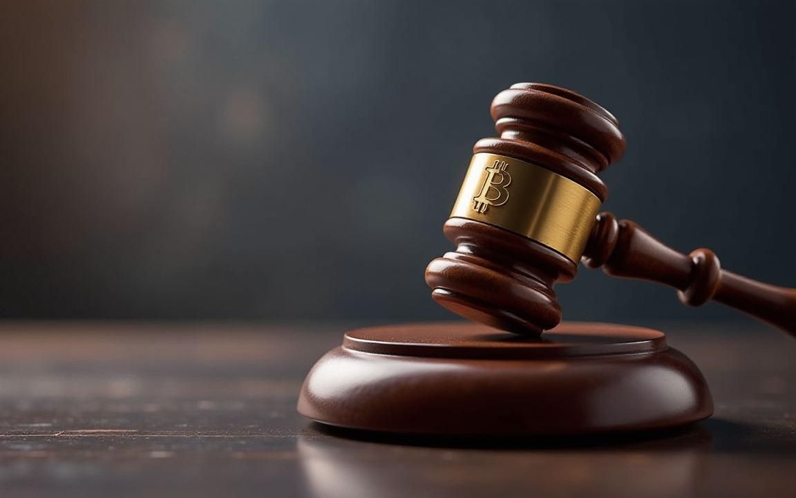 A judge’s gavel with a Bitcoin symbol, representing US crypto regulation under the GENIUS Act